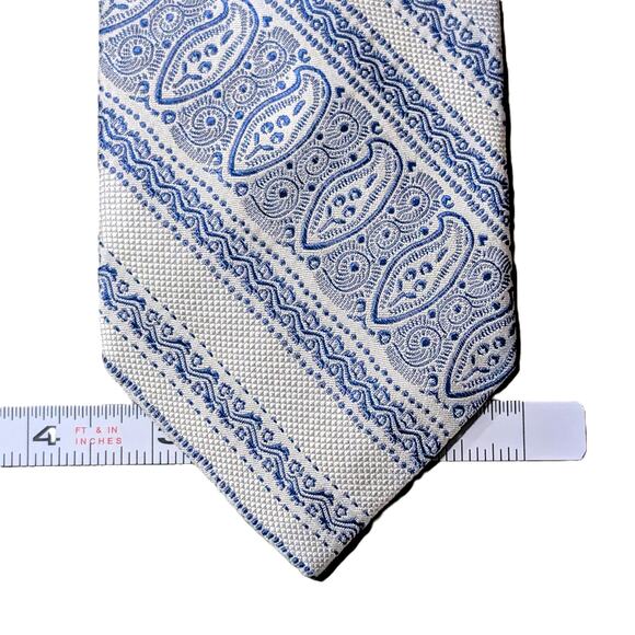 Paul Fredrick Silk Tie Paisley Geometric Stripe Textured Traditional Ivory Blue - Picture 7 of 8